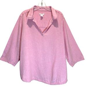 Isaac Mizrahi Pink Linen Blend V-Neck Tunic w/ Drawstring Tie at Hem - Size 3X
